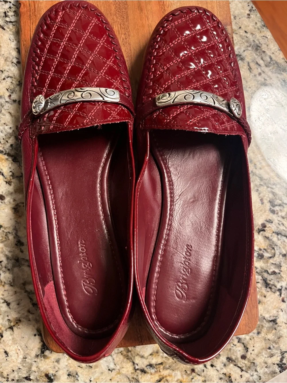 Brighton Women’s Quilted Leather Burgundy Loafers with Silver Accent size 9